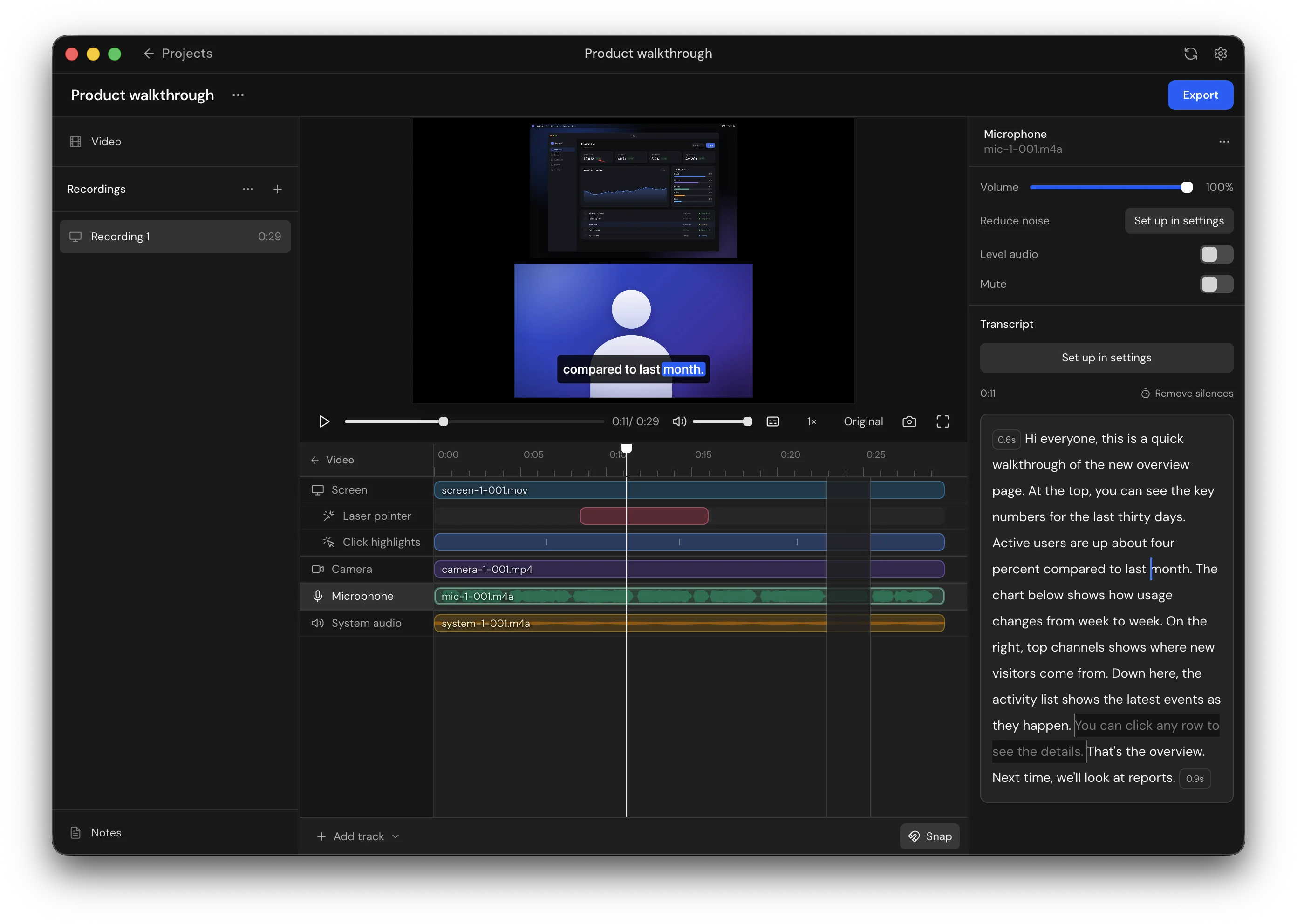 A recording open in Chord's editor, with its transcript, a cut, pointer effect tracks and audio waveforms